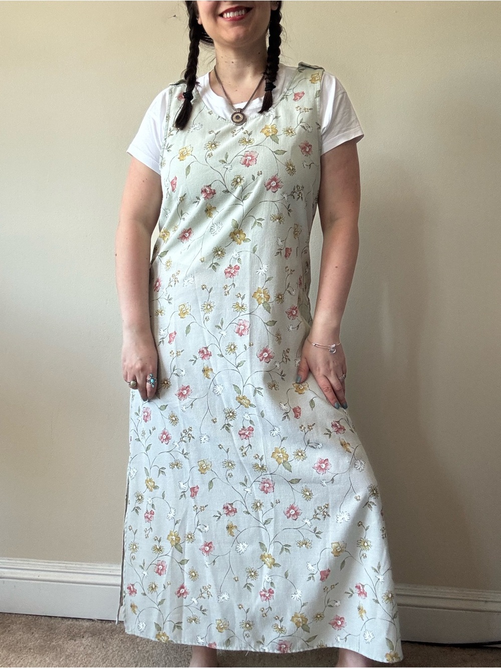 Vintage Gingham Light Green Floral Slip Dress with Pink & Yellow Blooms